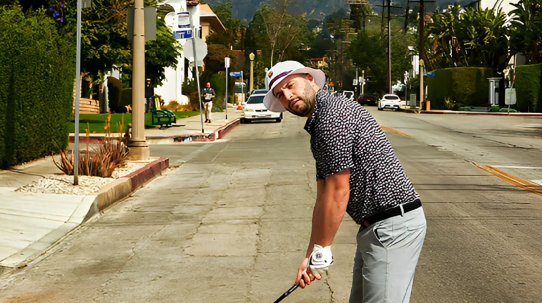 Bob Does Sports ad showing a man golfing in an urban setting.